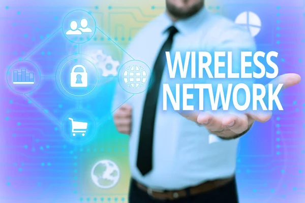 Text showing inspiration Wireless Network. Business concept computer network that uses wireless data connections Gentelman Uniform Standing Holding New Futuristic Technologies. — Stock Photo, Image
