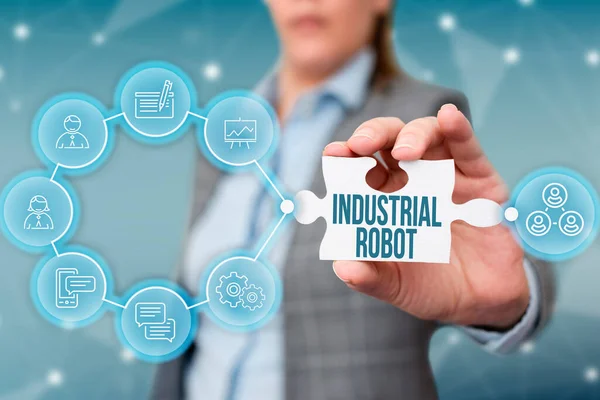 Inspiratie uithangbord Industriële Robot. Business concept robotmechanisme gebruikt bij de fabricage van producten Business Woman Holding Jigsaw Puzzel Stuk Unlocking Nieuwe Futuristische Tech. — Stockfoto