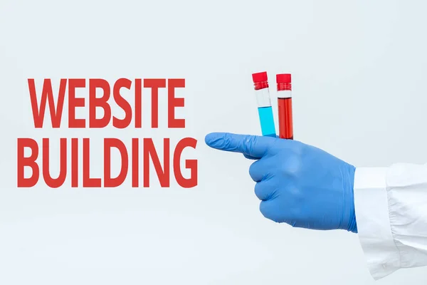 Text showing inspiration Website Building. Business idea tools that typically allow the construction of websites Chemist Presenting Infection Cure, Doctor Displaying Virus Vaccine — Stock Photo, Image