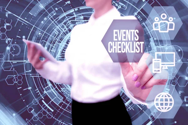 Didascalia di testo che presenta la Checklist Eventi. Approccio commerciale strumento prezioso per gestire con successo i tuoi eventi Lady In Uniform Standing Hold Phone Virtual Press Button Futuristic Tech. — Foto Stock