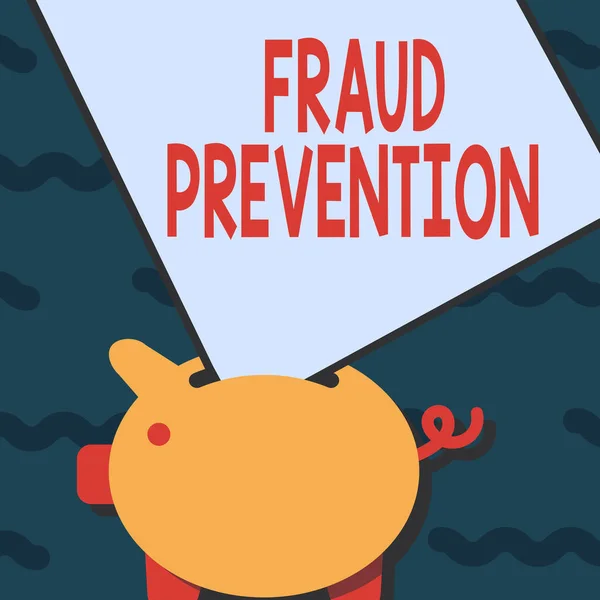 Visualización conceptual Prevención del Fraude. Idea de negocio el acto de detener varios tipos de fraude en Internet Piggy Bank Dibujo con hoja grande de papel atascado en el agujero. — Foto de Stock