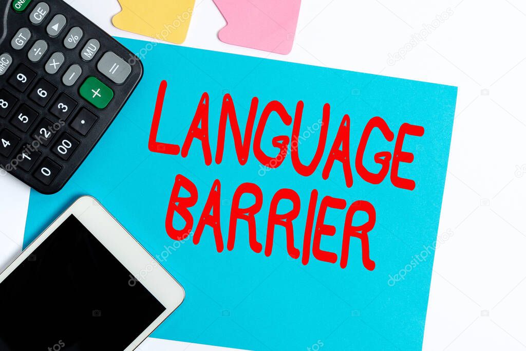 Conceptual display Language Barrier. Concept meaning difficulties in communication Speaking different language Display of Different Color Sticker Notes Arranged On flatlay Lay Background