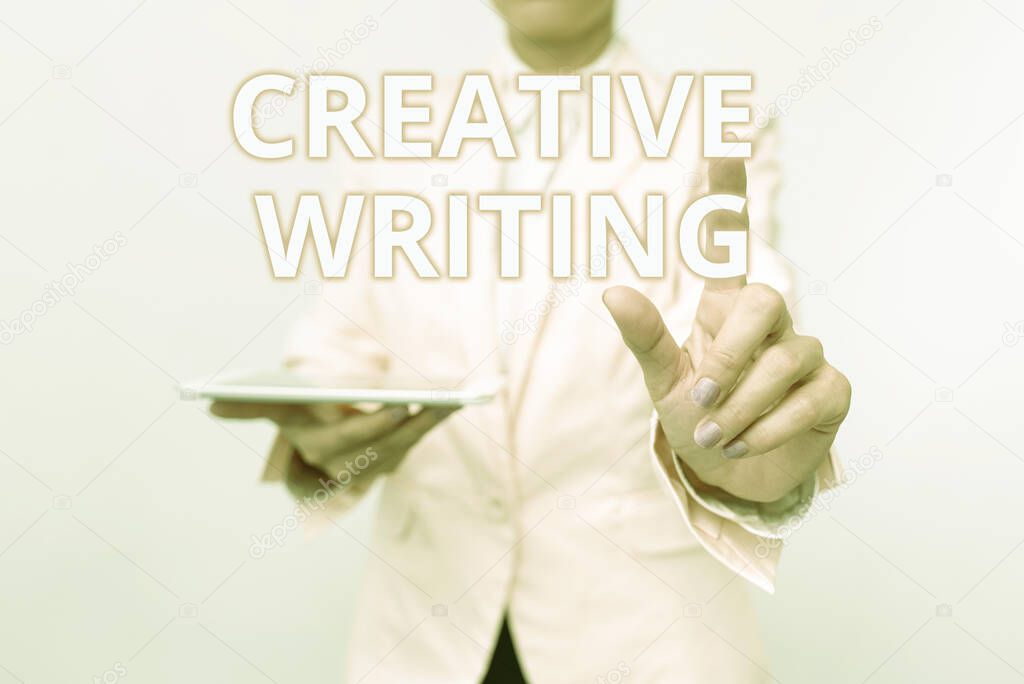 Sign displaying Creative Writing. Word for fiction or poetry which displays imagination or invention Presenting New Technology Ideas Discussing Technological Improvement