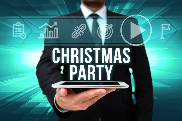 Handwriting text Christmas Party. Business overview annual festival commemorating the birth of Jesus Christ Man In Office Uniform Holding Tablet Displaying New Modern Technology. — Stock Photo, Image