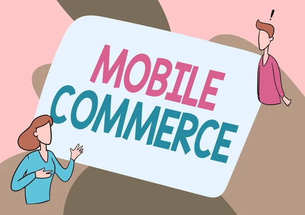 Tekst bijschrift presenteren Mobile Commerce. Internet Concept alle online commerciële transacties met behulp van smartphones Lady Illustration having Exploratory Conversation With Her Colleague. — Stockfoto