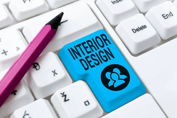 Sign displaying Interior Design. Business concept the art of designing the interior decoration of a building Typing Helpful Blog Tutorial And Guides, Researching Strategies Online — Stock Photo, Image