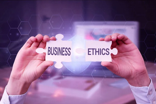 Writing displaying text Business Ethics. Business showcase study of appropriate business policies and practices Business Woman Holding Jigsaw Puzzle Piece Unlocking New Futuristic Tech.