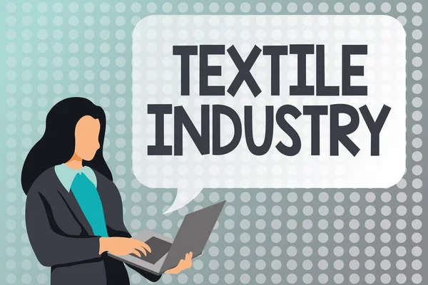 Señal de escritura a mano Industria Textil. Visión general de la empresa producción y distribución de hilados de tela y ropa Estudio de la programación Lenguajes, codificación y desarrollo de nuevos videojuegos —  Fotos de Stock