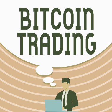 El yazısı Bitcoin Ticaret. İnternet Konsepti hisse senedi piyasasında kripto para alımı ve satışı. Takım Elbiseli İşadamı Büyük Fikir Baloncuklu Dizüstü Bilgisayarı Kullanıyor.