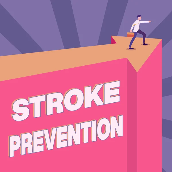 Handstilstext Stroke Prevention. Konceptuell foto identifierade personliga riskfaktorer och ändra livsstil Man Illustration Bära resväska på toppen av pil visar nya fas mål. — Stockfoto