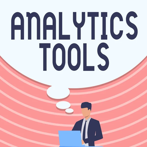 Inspirace ukazující znaménko Nástroje Analytics. Slovo napsané na kusy webových aplikací software pro analýzu používané k monitorování podnikatel v obleku kreslení pomocí notebooku s velkým nápadem bublina. — Stock fotografie