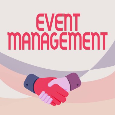 Metin Olay Yönetimi gösterimi yazılıyor. Büyük etkinlikleri ve konferansları planlama ve yönetme konsepti El sıkışma Konumunda Elleri Çizim Gösterme Tebrik Yöneticisini Gösterme.