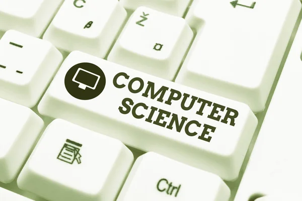 Bilgisayar Bilimini gösteren metin işareti. Fikirlerinizi Yazan Bilgisayar Donanım ve Yazılım Tasarımı İnternet Taraması ve Çevrimiçi Araştırma Çalışmalarının İş Genel Görünümü Çalışması — Stok fotoğraf