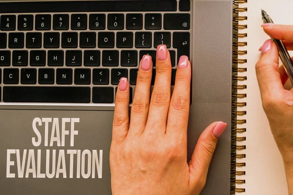 Text caption presenting Staff Evaluation. Concept meaning assessment and review of a worker s is job performance Hands Pointing Pressing Computer Keyboard Keys Typewriting New Ideas. — Stock Photo, Image