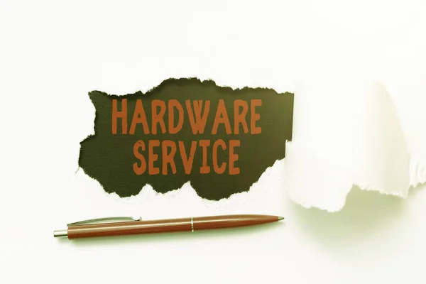 Tekst bijschrift presenteren Hardware Service. Concept betekent handeling van het ondersteunen en onderhouden van computer hardware Scheur op blad onthult achtergrond met pen aan boord — Stockfoto
