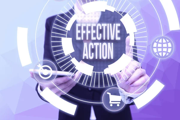 Text caption presenting Effective Action. Business idea producing the intended purpose or expected result Lady In Uniform Holding Phone Pressing Virtual Button Futuristic Technology. — Stock Photo, Image
