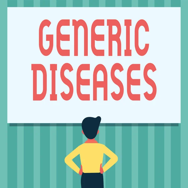 Text showing inspiration Genetic Diseases. Business concept disease caused by an abnormality in an individual s is genome Man Drawing Standing Hands N Hips Looking At An Empty Whiteboard.