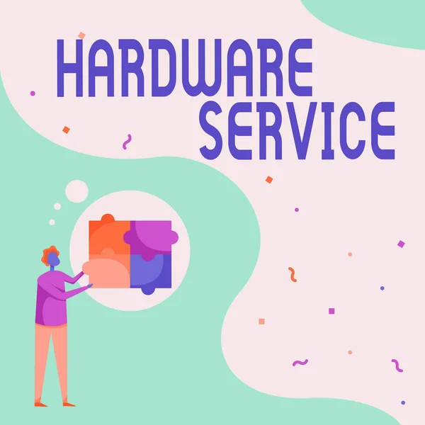 Inspiratie met bord Hardware Service. Zakelijk overzicht handeling van het ondersteunen en onderhouden van computer hardware Man Drawing Standing Fitting Four Jigsaw Puzzle Pieces. — Stockfoto