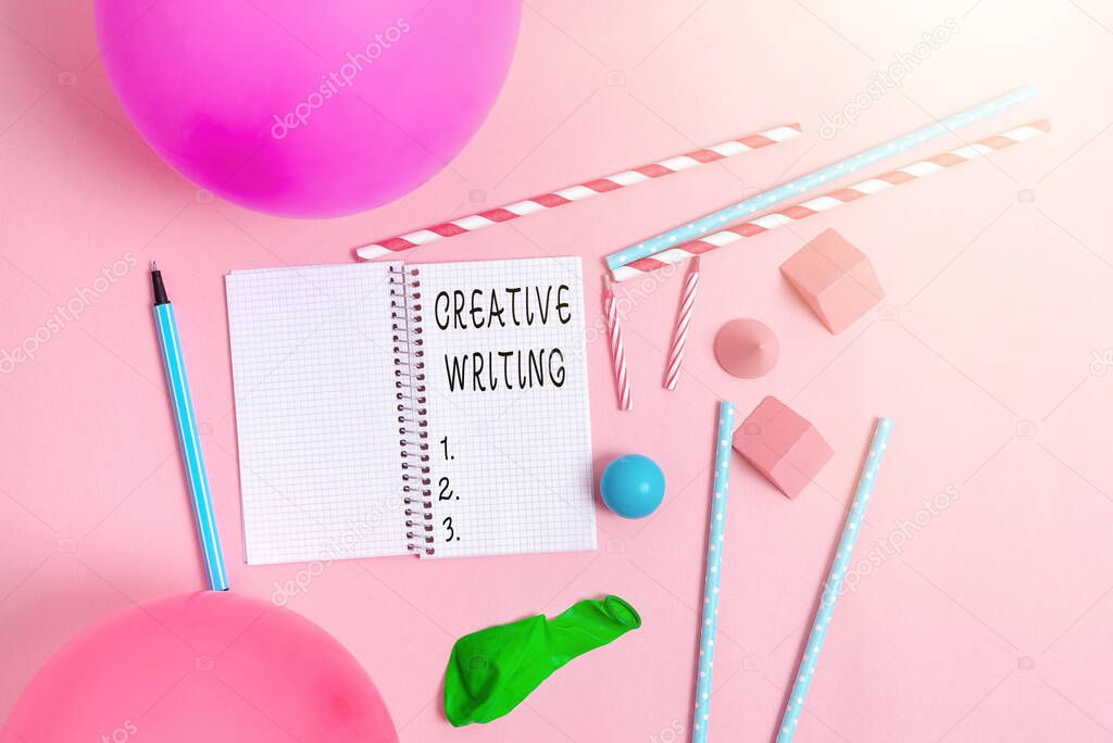 Text sign showing Creative Writing. Business overview fiction or poetry which displays imagination or invention Colorful Party Invitation Designs Bright Celebration Planning Ideas