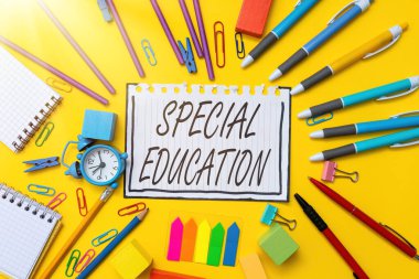 Text sign showing Special Education. Business idea form of learning given to students with mental challenges Flashy School And Office Supplies Bright Teaching And Learning Collections clipart