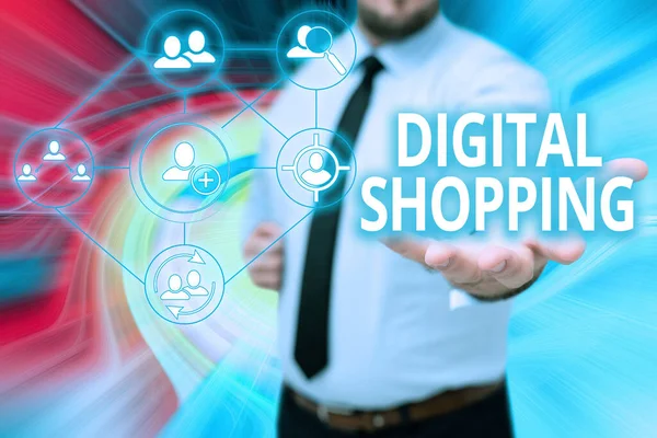 Conceptueel bijschrift Digital Shopping. Word Written on act of purchasing products or services via the Internet Gentelman Uniform Standing Holding New Futuristic Technologies. — Stockfoto