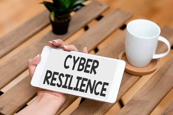 Escribir mostrando texto Cyber Resilience. Visión general de la empresa medir qué tan bien una empresa puede gestionar un ciberataque Capacidades de llamadas de voz y video Conectando a las personas —  Fotos de Stock