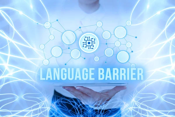 Text sign showing Language Barrier. Business approach difficulties in communication Speaking different language Lady In Uniform Standing Holding Tablet Typing Futuristic Technologies.