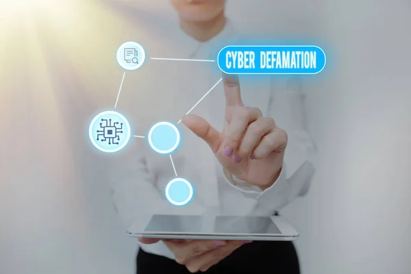 Text caption presenting Cyber Defamation. Concept meaning slander conducted via digital media usually by Internet Lady Holding Tablet Pressing On Virtual Button Showing Futuristic Tech.