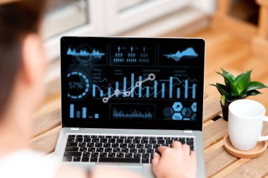 Kadın, bilgisayarında kahve fincanının yanında daktilo yazmakla ve evden işe yarayan bitki yetiştirmekle meşgul. İş kadını Minibilgisayarı Cap ve Çiçek Bitirici Uzaktan İşlerin yanına Kodluyor.