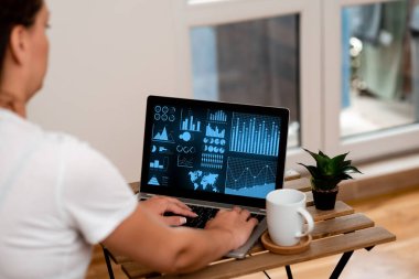 Kadın, bilgisayarının yanında güzel bir bitki ve kahve fincanı üzerinde çalışıyor. Kupanın Yanında Projeler Yapan Kız ve Çiçek Bitirici Uzaktan İşlem Projeleri.