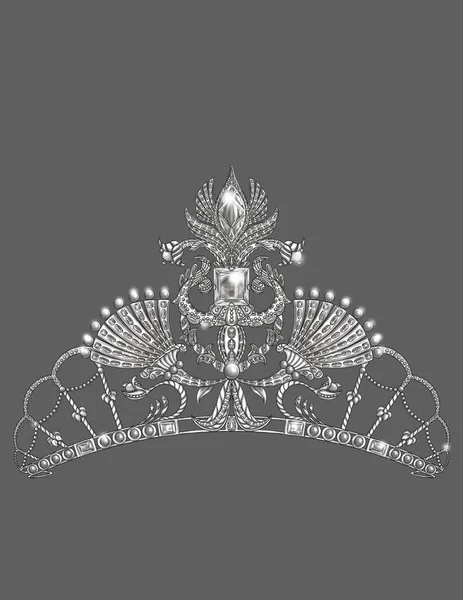 Beautiful Aristocratic Crown With Complex Design Colorless Line Drawing. Magnificent Noble Tiara With Elaborate Jewels Pattern Coloring Book Page. — Stock Photo, Image
