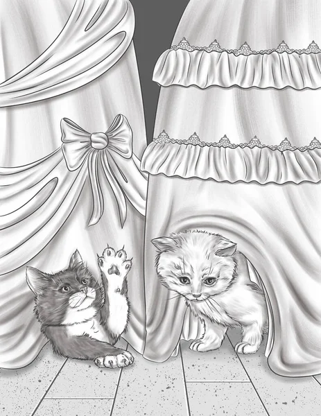 Две маленькие кошки играют и прячутся ниже партии платье бесцветной линии рисования. Домохозяйка Фелина под раскраской платья. — стоковое фото