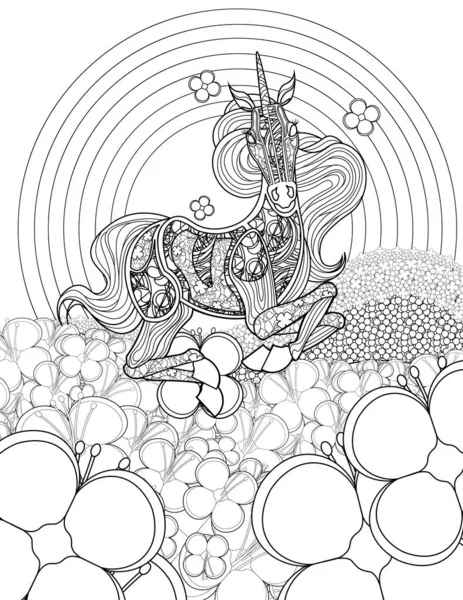 Όμορφη μονόκερος σε Flower Fields Κοιτάζοντας μπροστά άχρωμο σχέδιο γραμμής. Mythical Horned Horse Κάμψη κάτω στο πεδίο Χρωματισμός σελίδα βιβλίου. — Φωτογραφία Αρχείου