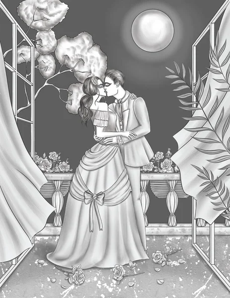 Vrouw in jurk maskerade masker krijgen gekust door een man in pak vasthouden knuffelen elkaar lijn tekenen. Lady And Gentleman Kiss Under Moon Licht Op Balkon Kleurplaat Page. — Stockfoto