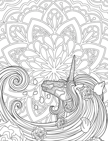 Unicornio mirando hacia atrás en un fondo de flores con flores sobre el dibujo de la línea de crin. El mítico caballo con cuernos se ve detrás del floreciente telón de fondo Página del libro para colorear. —  Fotos de Stock