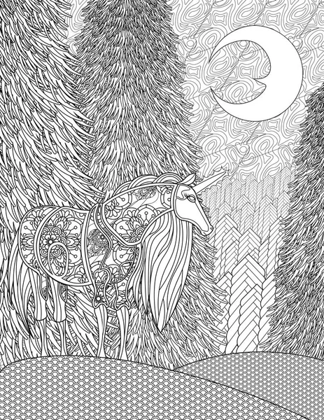 Μονόκερως στέκεται στο ψηλό δάσος δέντρα κάτω από μια ημισέληνο γραμμή του φεγγαριού σχέδιο. Το μυθικό κερασφόρο άλογο στέκεται στη ζούγκλα τη νύχτα δίπλα σε υψηλή ξυλεία χρωματίζοντας σελίδα βιβλίου. — Φωτογραφία Αρχείου