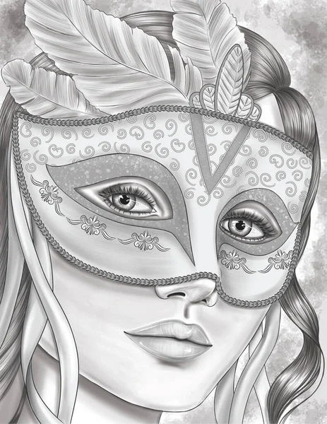 Kobieta w masce maskowej z piórami Bezbarwny rysunek linii. Lady In Carnival Party Eye Veil z przodu szuka kolorowanki Strona główna. — Zdjęcie stockowe
