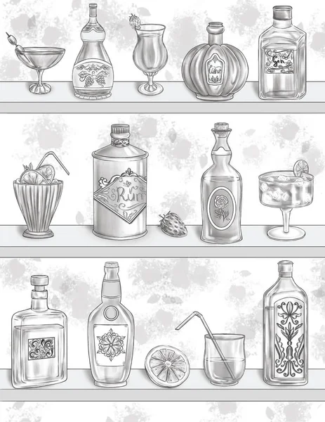 Multiple Alcoholic Bottles With Different Glasses For Each Drink Colorless Line Drawing. Glass Container For Alcohol Beverage Paired With Drinking Cups Coloring Book Page. — Stock Photo, Image