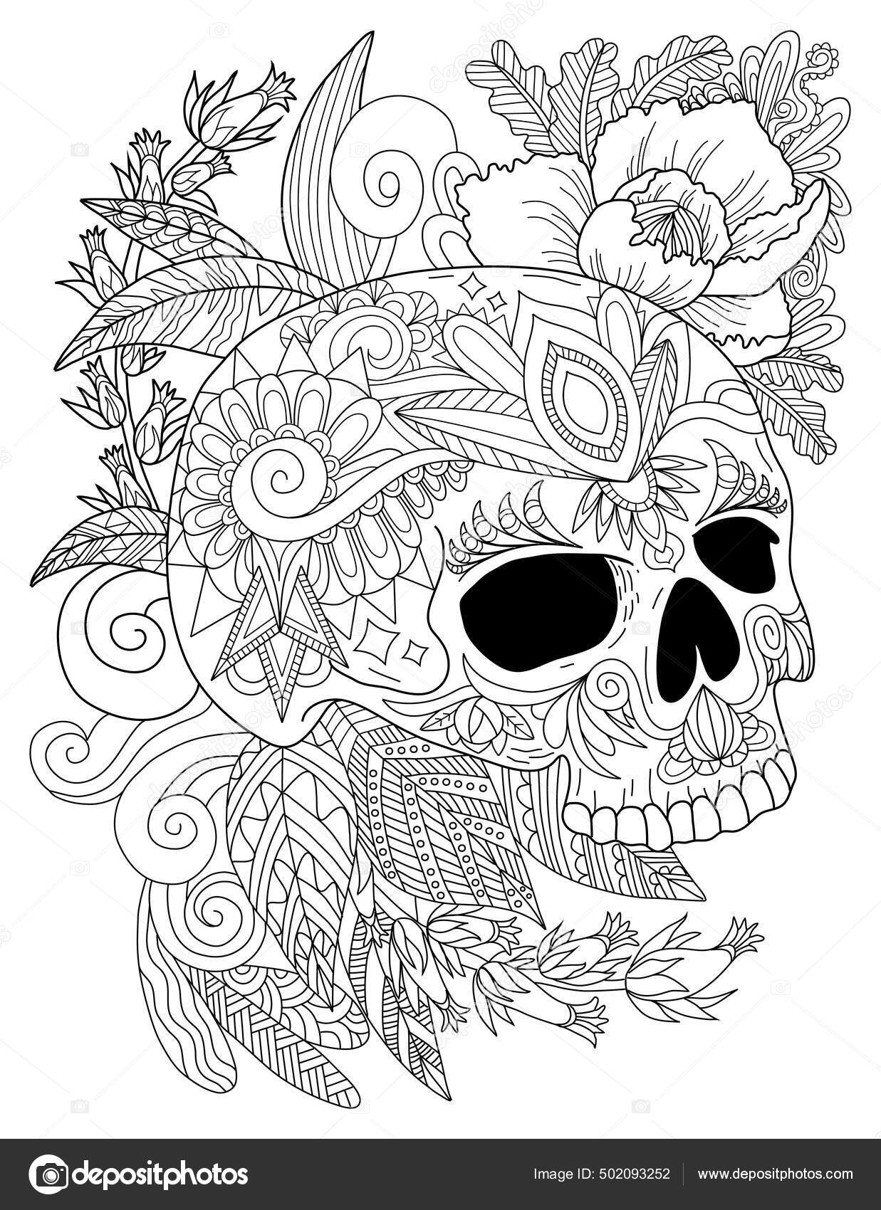 Tätowierte Totenkopfzeichnung, umgeben von hübschen Rosen und angenehmen  Blättern in Seitenansicht, die nach unten schauen. Gruselige  Skelettkopf-Zeichnung eingeschlossen Schöne Blumen. Stock-Vektorbild von  ©nialowwa 502093252, image size:1237x1700