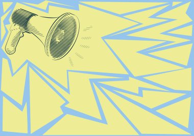 Gürültülü bir megafon hoparlörünün yeni duyurular yaptığı görüntüsü. Çizgi Çizen Megafon Yapımcılık Son Reklamlar. Yükseltici Çizimi Geç Yayın Gösterimi.