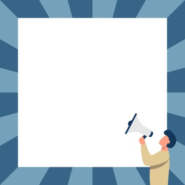 Adam megafonla konuşuyor. Yeni bir duyuru yapıyor. Boş Duvara bakıyor. Bullhorn 'da Karakter Çizimi Büyük Meydan' a Geç Reklam Yapıyor.