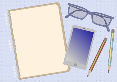 Mobil Aygıt Gözlüklü Not Defteri Çizimi İki Kalem. Not Defteri Tasarımı Telefon Gözlüğü Yanında Düzenli Masa Gösteren Kalem Çifti.
