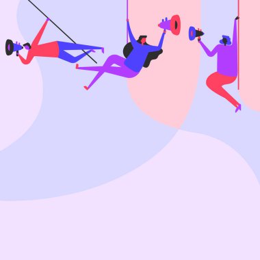 Tavanda megafonla takılan insanların yeni bir duyuru yaptığı bir tasviri. Takım Çizgisi Son Reklamları Desteklemek İçin Üstte Sallanıyor.