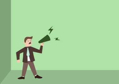Megafon 'un Üzerinde Sağlam Bağıran Adam Yeni Duyuruyu Sunuyor. İş adamı çizimi Bullhorn 'da Konuşuyor Geç Reklam Gösteriyor.