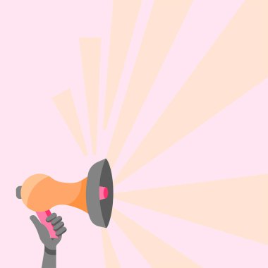 El ele tutuşmanın resmedildiği megafon ve güneş ışınları yeni bir duyuru yapıyor. Avuç içi çizimi Bullhorn Üretim kirişleri Yeni Reklam Veriyor.