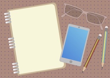 Mobil Aygıt Gözlüklü Not Defteri Çizimi İki Kalem. Not Defteri Tasarımı Telefon Gözlüğü Yanında Düzenli Masa Gösteren Kalem Çifti.