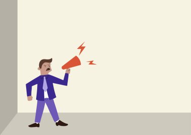 Megafon 'un Üzerinde Sağlam Bağıran Adam Yeni Duyuruyu Sunuyor. İş adamı çizimi Bullhorn 'da Konuşuyor Geç Reklam Gösteriyor.