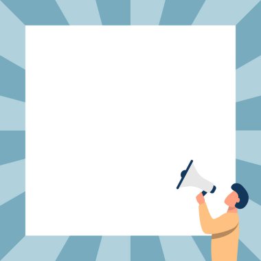 Adam megafonla konuşuyor. Yeni bir duyuru yapıyor. Boş Duvara bakıyor. Bullhorn 'da Karakter Çizimi Büyük Meydan' a Geç Reklam Yapıyor.