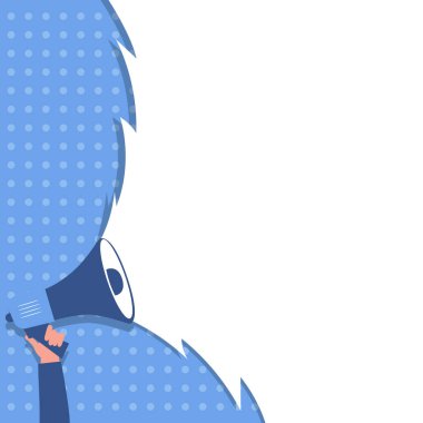 El ele tutuşup halka yüksek sesle yeni bir duyuru yapmak için megafon çizmek. Palm Gripping a Electronic Bullhorn Etkili Son Reklamlar Yapıyor.