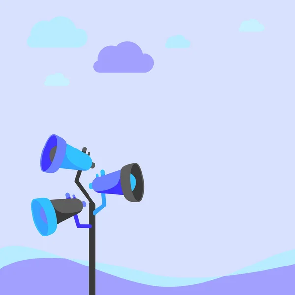 Pole Megaphones Dessin faisant une nouvelle annonce à un espace ouvert sous les nuages. Haut-parleurs Bullhorn dans un dessin de mât produisant la publicité tardive à la zone défoliée. — Image vectorielle